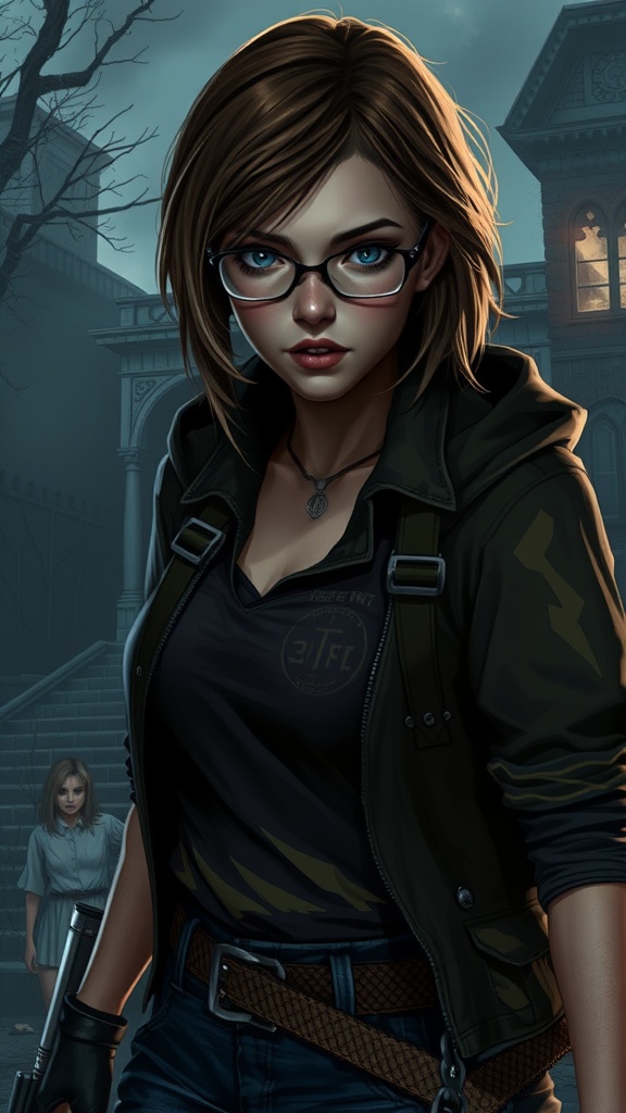 Fanart of Zoe Baker in a dramatic pose, set against the eerie backdrop of Resident Evil 7.